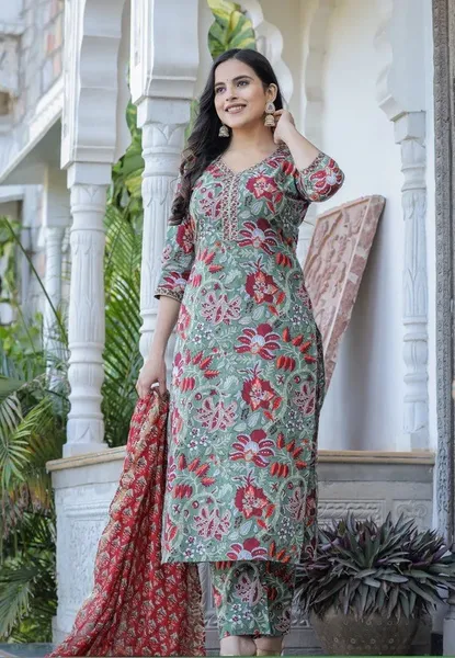 Floral Printed Kurti With Pant And Dupatta